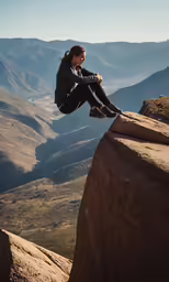 a woman sitting on a cliff, with mountains and hills in the background