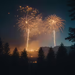 several fireworks are glowing in the sky over trees