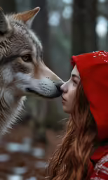 a woman in red hoodie kissing a wolf