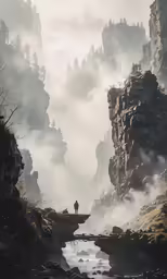 an abstract scenery of a lone person walking on a bridge