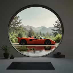 a red sports car parked in a circle of windows