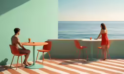 the two people are sitting at the table near the ocean
