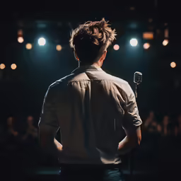 a man with his hair pulled back standing in front of a microphone