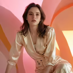 a woman is posing in a pale dress