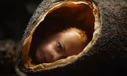 a small kid looking straight up out of the cloth