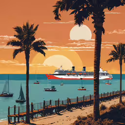 a beautiful scene with a large boat and palm trees,a painting of a cruise ship on the water