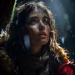 a woman standing in the snow under a bright light,a girl is in the rain with her head bowed