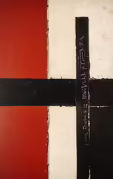 an abstract painting with strips painted in black and red