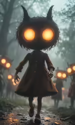 a creepy doll dressed as an owl standing on top of a muddy road