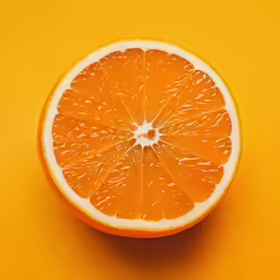 the orange is sliced in half on yellow