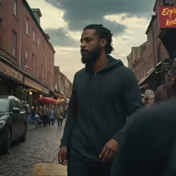 a black man is walking down the street wearing a hoodie