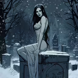a woman with long hair sitting on top of a mailbox,a naked woman sitting on a graveyard in the snow