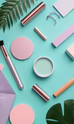 pink and blue beauty products laid out on a teal surface