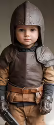 a boy in a leather helmet is wearing a large gun