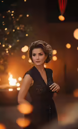 an attractive woman poses in front of a lighted tree