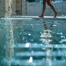 a woman walking along side of a pool