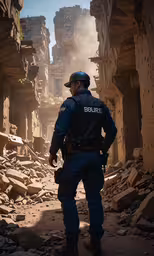 a man is standing in the middle of a rubble filled street,two police officers standing in front of rocks and debris