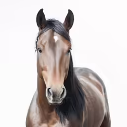 a brown horse standing on top of a grass covered field