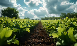 an open field with a leafy green plant growing in the foreground and a tree with two branches in the distance