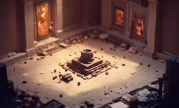 a room with pictures and broken candles