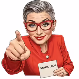 a woman in red and glasses pointing to the camera