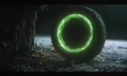 a glowing green neon ball laying on a pile of dead grass