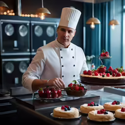 a man standing in front of an assortment of small cakes and pies