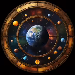 some planets and the sun on display in a large window