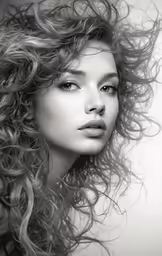 black and white photograph of a beautiful woman with curly hair