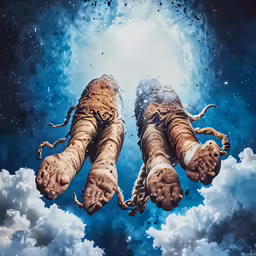 an artistic photograph of two lions leaping in to the sky