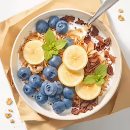the bowl has a blueberry and a half lemon on it