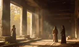 three women in dresses stand on a balcony surrounded by smoke and sunlight