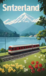 an illustrated poster is depicting a red train in front of a mountain