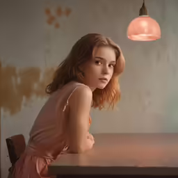 a woman sitting at a table with a light on above her head