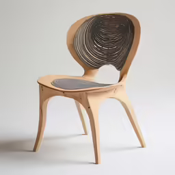 a wooden chair with a circular seat made out of wicker