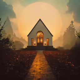 a house sitting on a field covered in trees and grass