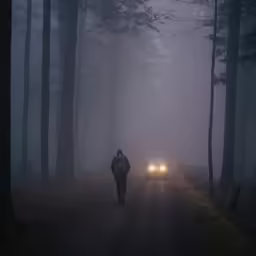 a car that is sitting on the side of a road in the fog