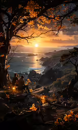 two people sitting on the ground at dusk overlooking the ocean