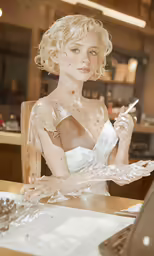 a woman in a white gown sitting at a table