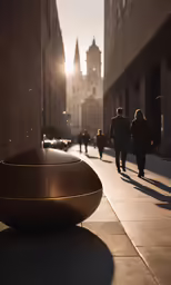 large circular metal object sitting on sidewalk near wall