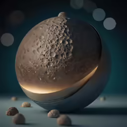 several balls and a piece of white stone on a surface