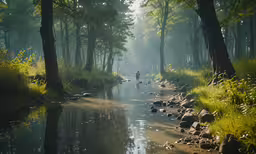 a person walking along a tree lined forest river