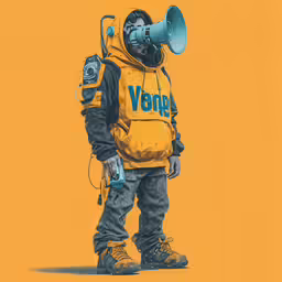 a person in an yellow jacket standing on a yellow background