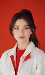 a woman wearing a red collared shirt with a black and white tie