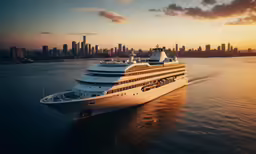 large white cruise ship in the water at sunset