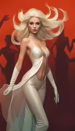 a woman wearing tight pants and white bra with long blonde hair