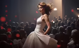 a woman is standing on a runway surrounded by a group of people