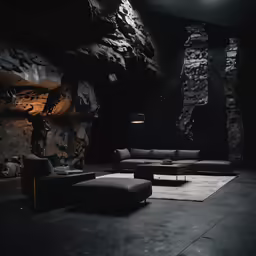an artistic room is shown with an abstract wall design
