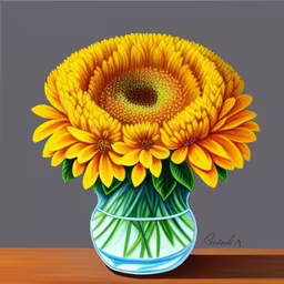 there is a painting of some yellow flowers in a vase,there is a painting of a yellow sunflower in a vase