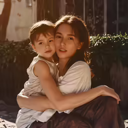 mother and daughter sit together in a sunlit yard